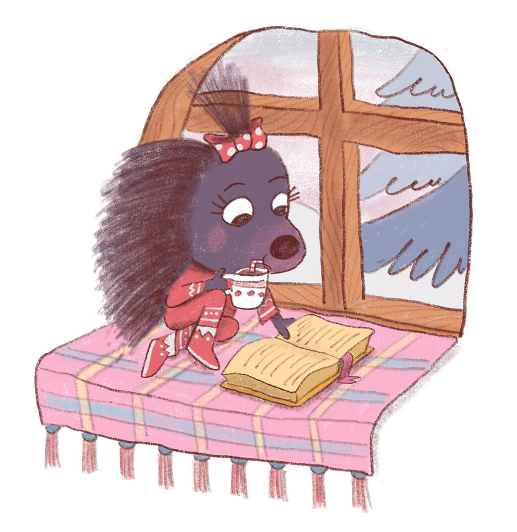 A hedgehog in a red sweater reads a book with a warm drink beside a snowy window.