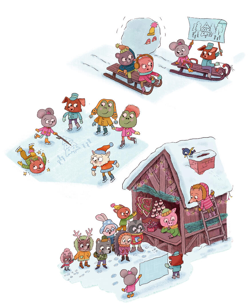 A red cat, gray mouse, and brown dog show their plan for decorating a giant Christmas tree and ask the other forest animals to help.