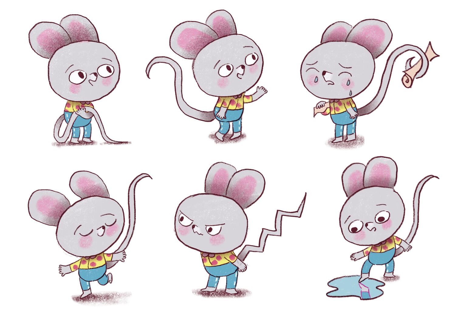 Character sheet of a gray mouse showing different emotions and expressive tail poses.