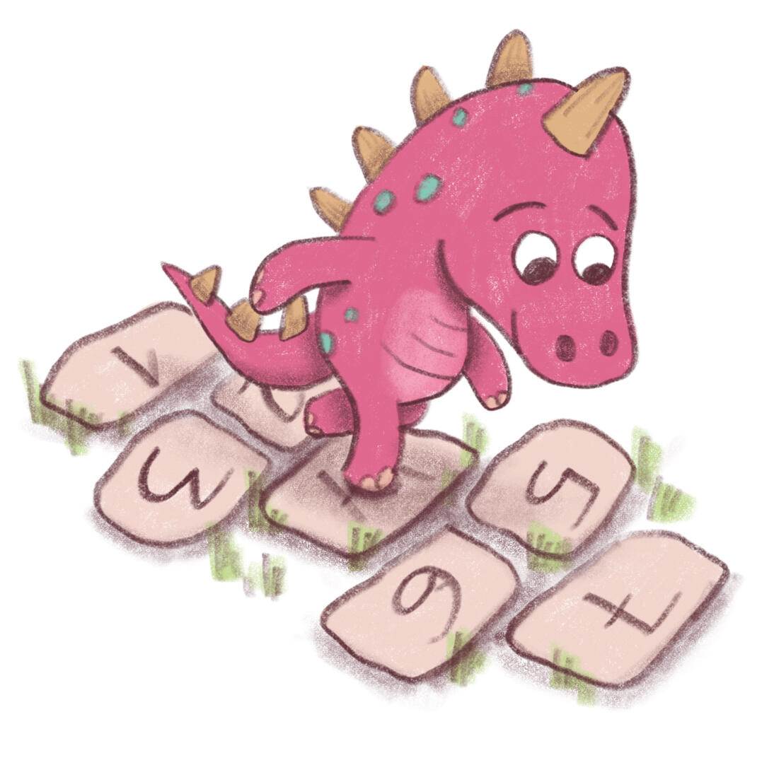 A small pink dinosaur carefully plays hopscotch on numbered stones.