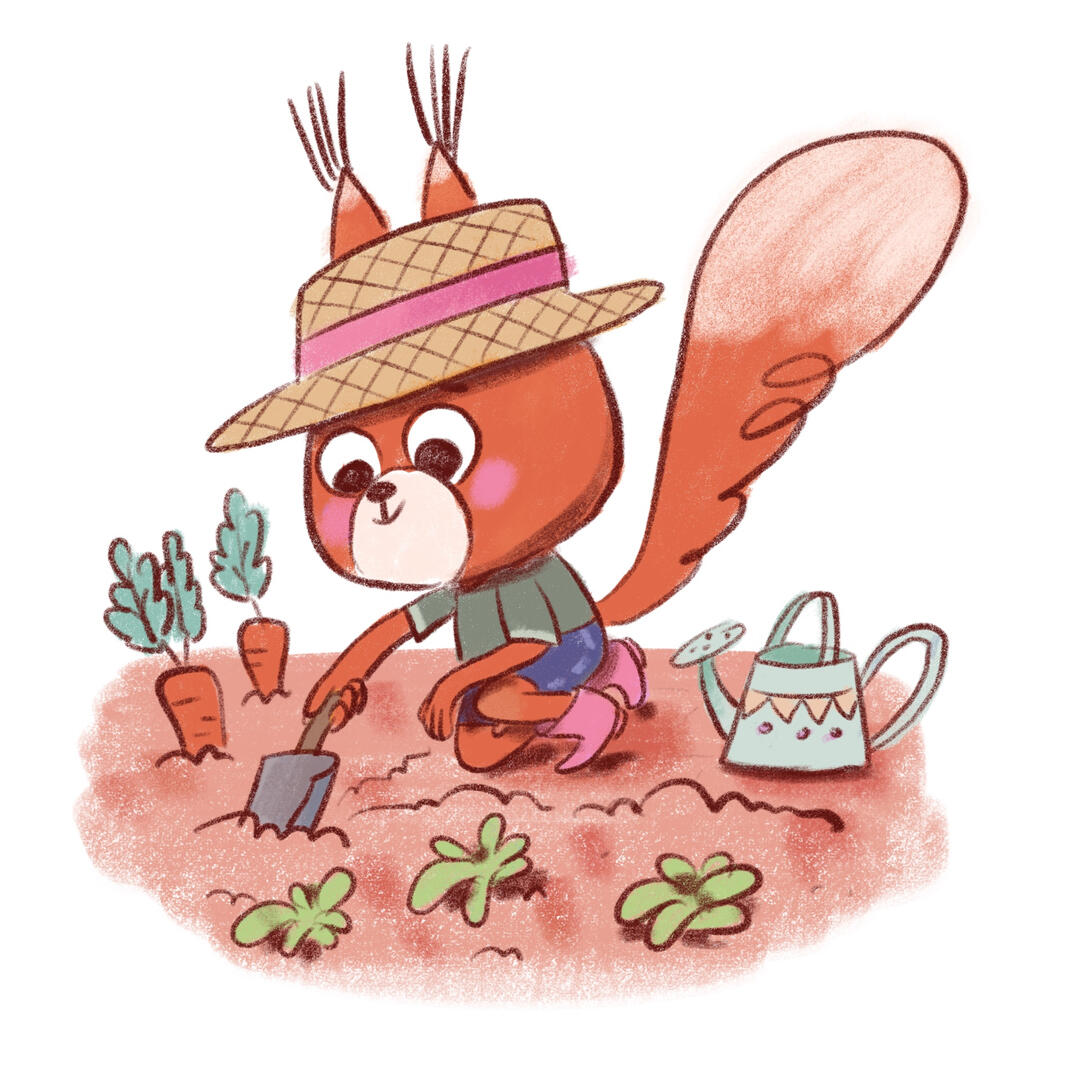 Children’s book illustration of a cheerful red squirrel planting carrots in a small garden beside a watering can.