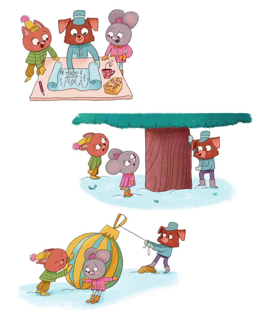 A cat, dog, and mouse draw a plan, inspect a tree, and haul a giant striped Christmas ornament through the snow.