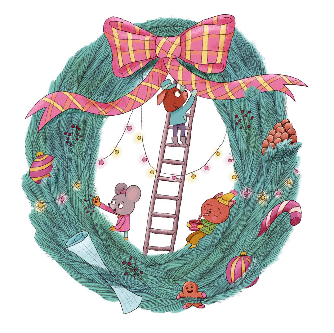 A dog, mouse, and cat decorate a giant evergreen Christmas wreath with lights, berries, ornaments, and a plaid bow.