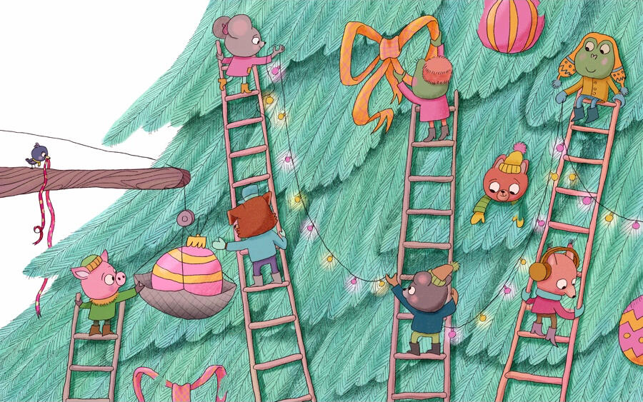 Forest animals on tall ladders decorate a giant Christmas tree with lights, bows, and colorful ornaments.