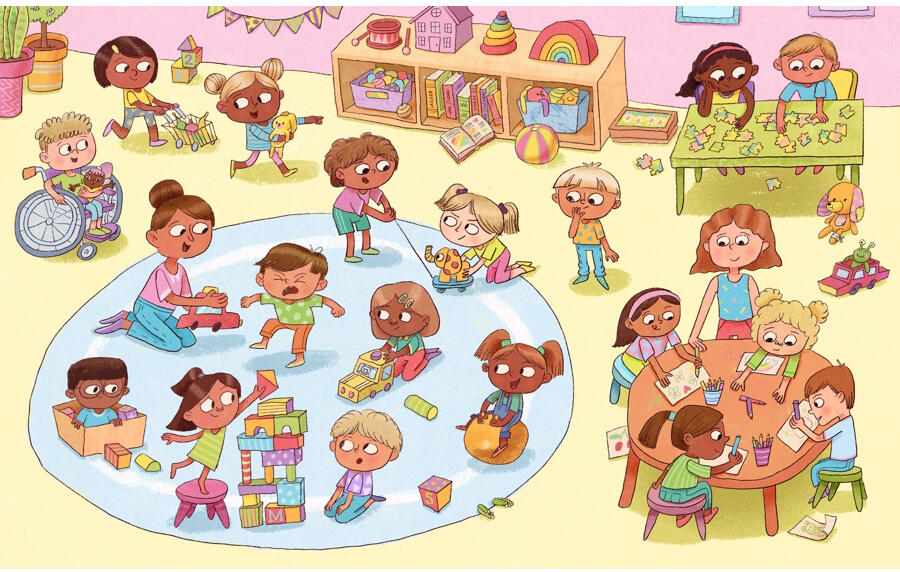 Children play with blocks, toy vehicles, puzzles, art supplies, and dolls in a colorful inclusive daycare classroom.