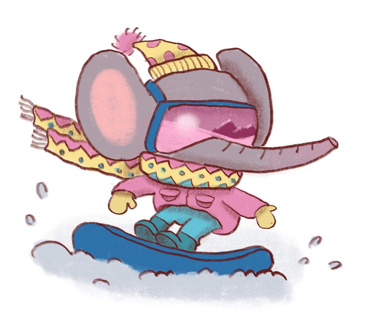 Children’s book illustration of a bundled-up elephant snowboarding through the snow with a scarf covering its eyes.