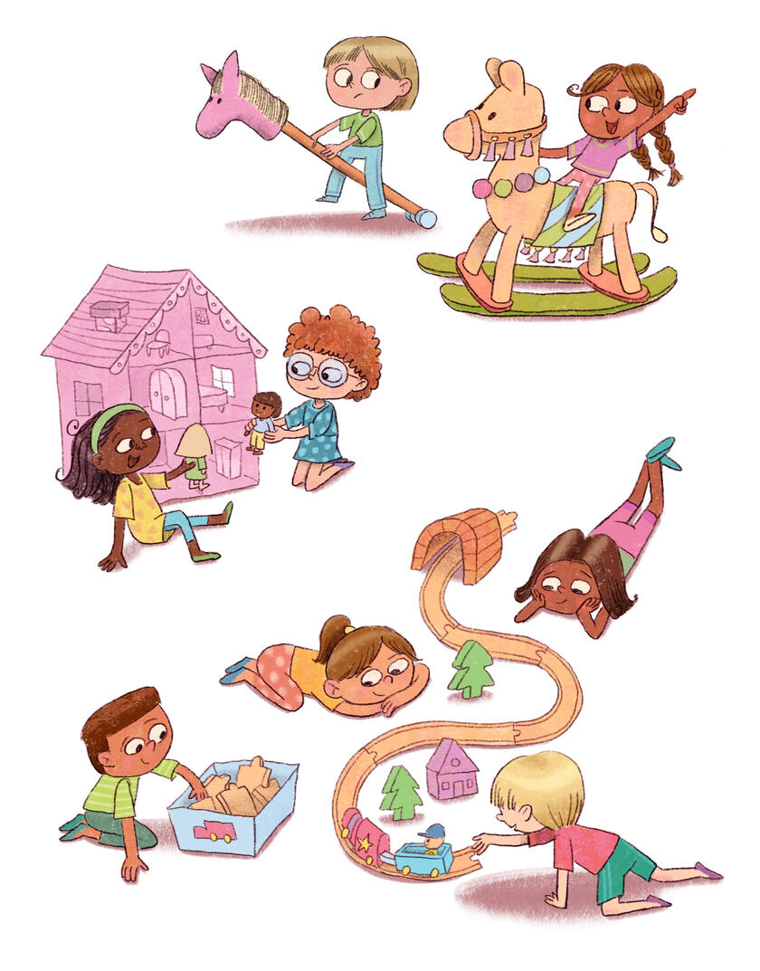 Groups of children enjoy imaginative play with hobby horses, a dollhouse, and a wooden train set.