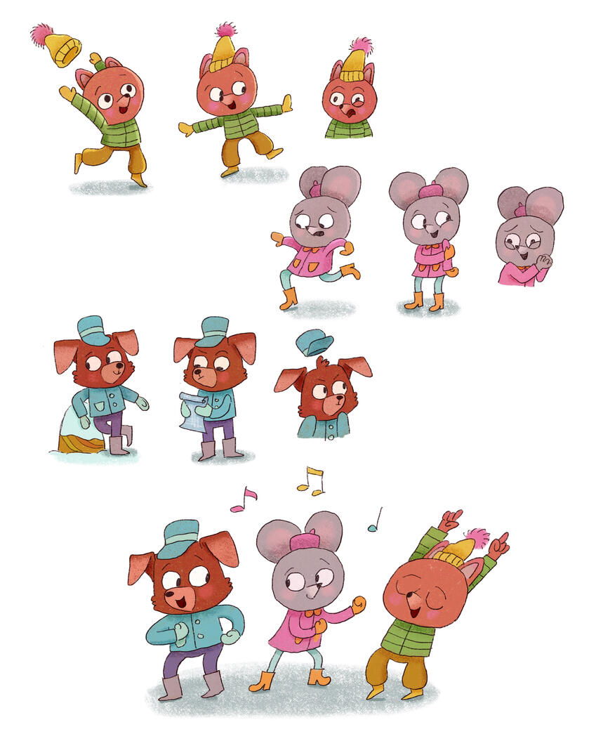 Character sheet of a red cat, gray mouse, and brown dog in winter clothes, showing lively poses and expressions.